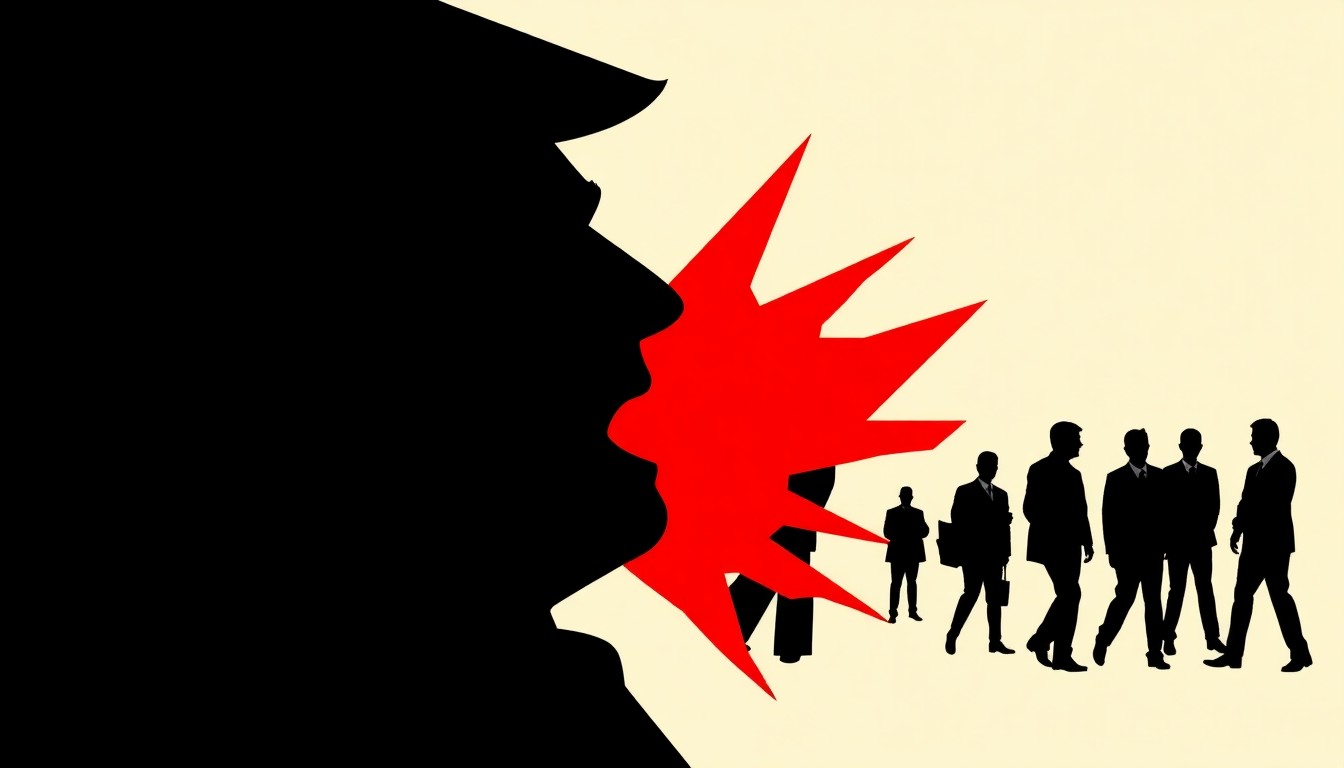 An abstract composition of jagged, overlapping black silhouettes against a bright red background, conceptually representing the clash between political power, celebrity scandal, and media satire.