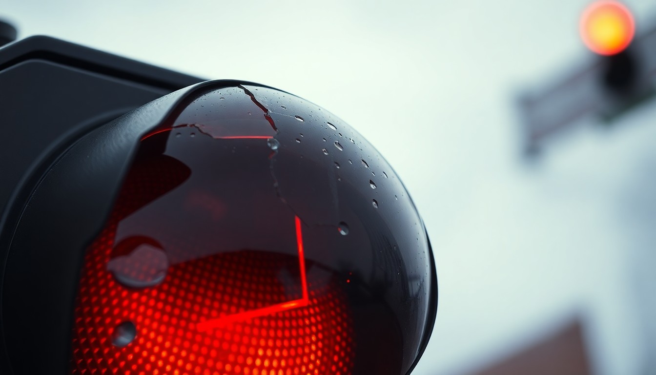 An extreme close-up photograph of a broken traffic signal light lens reflecting a faint red glow, conceptually illustrating the aftermath of a pedestrian collision.
