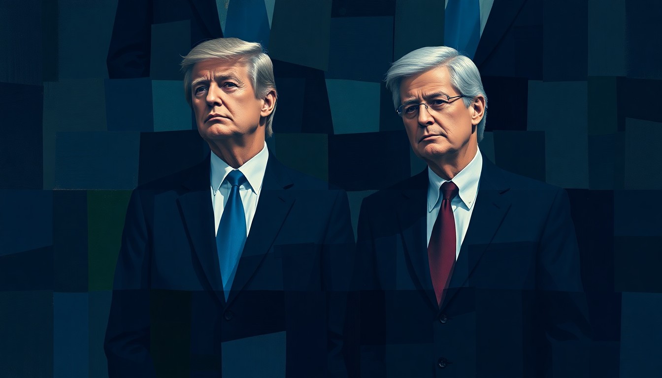 A fractured, abstract painting in shades of blue and gray depicting two indistinct figures, representing members of Congress, in a state of motion and instability, conveying the political turmoil surrounding the allegations against the lawmakers.