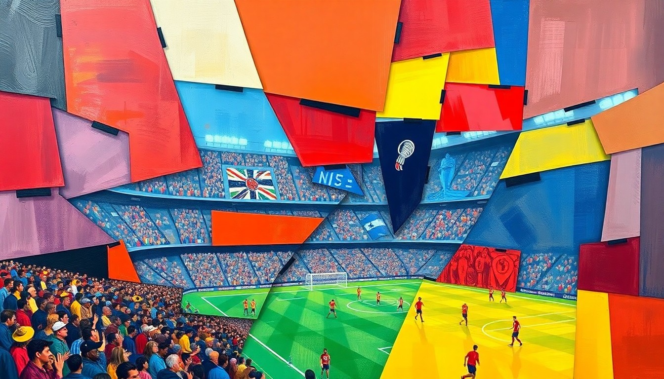 A fragmented, geometric painting depicting a football stadium, players, and fans in a cubist style, with sharp, overlapping planes of color representing the complex issues surrounding the Chiefs' relocation.