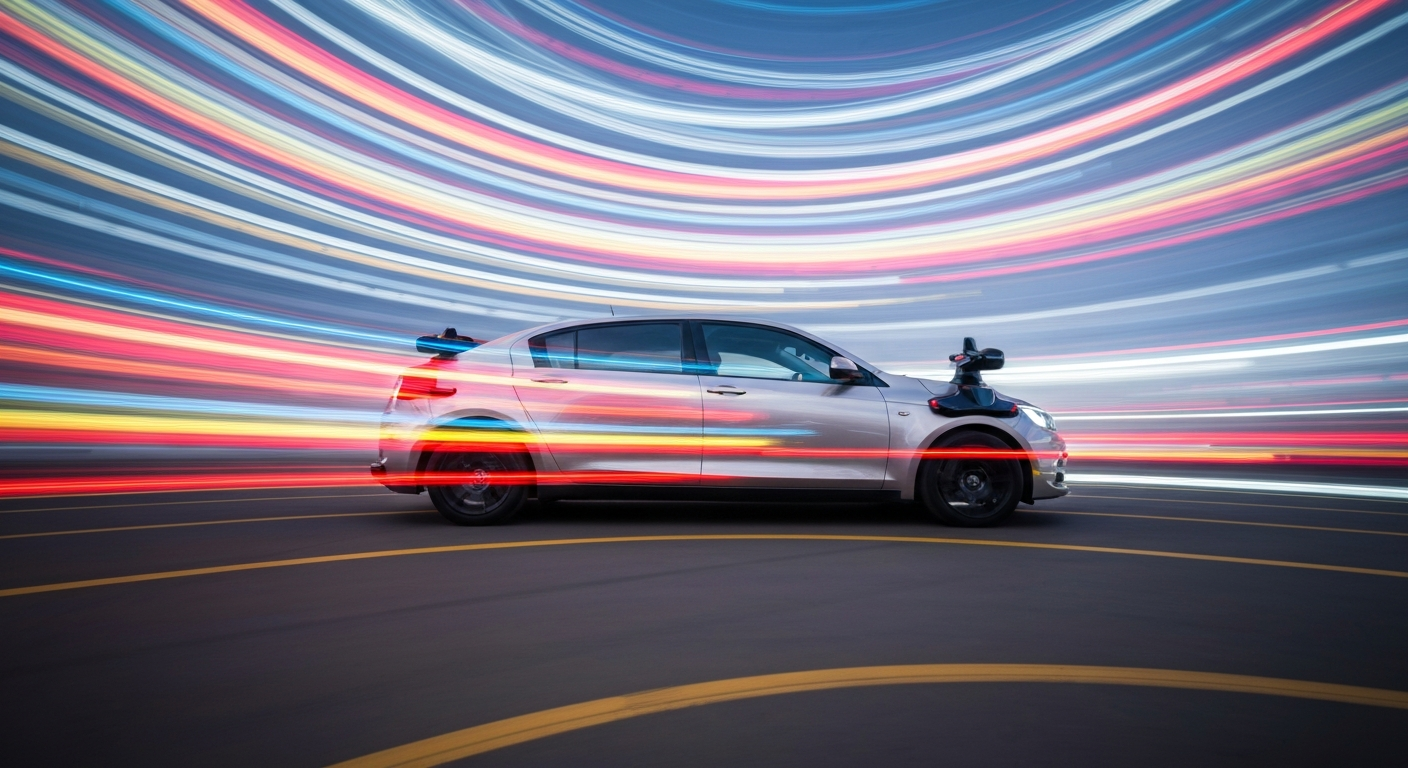 An abstract, colorful image created with a slow shutter speed and panning motion, blurring the shapes of a self-driving car into streaks of vibrant hues, conveying a sense of speed and modern technology.