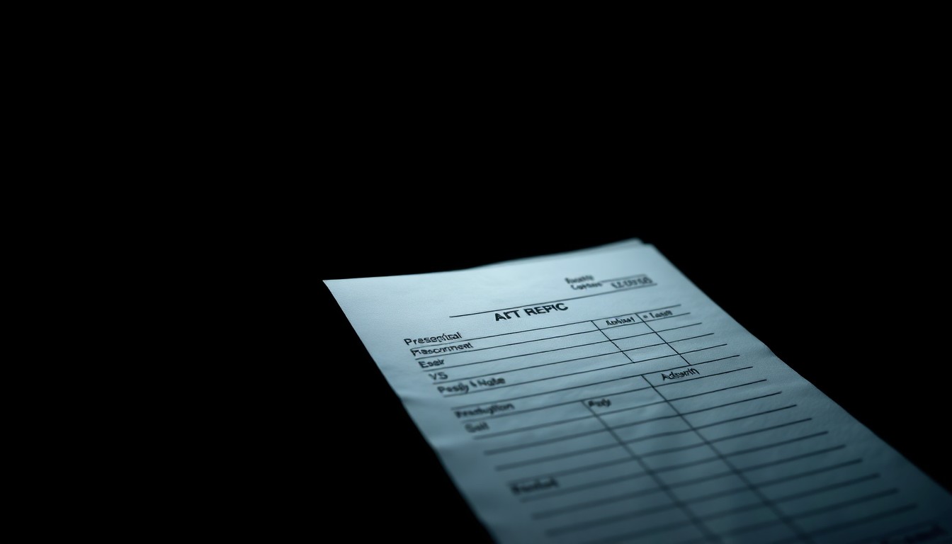An extreme close-up of a medical document with a harsh, direct flash illuminating the textured surface, conveying a serious, investigative tone without depicting any specific text or identifiable information.