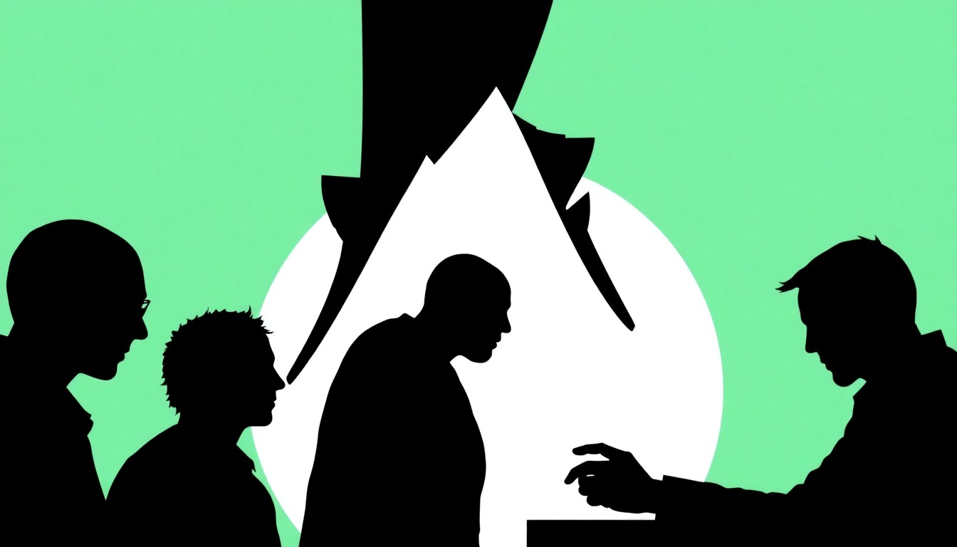 An abstract, minimalist composition of jagged, geometric black shapes and silhouettes, conceptually representing the dark themes and flawed characters of the tech industry satire The Audacity.