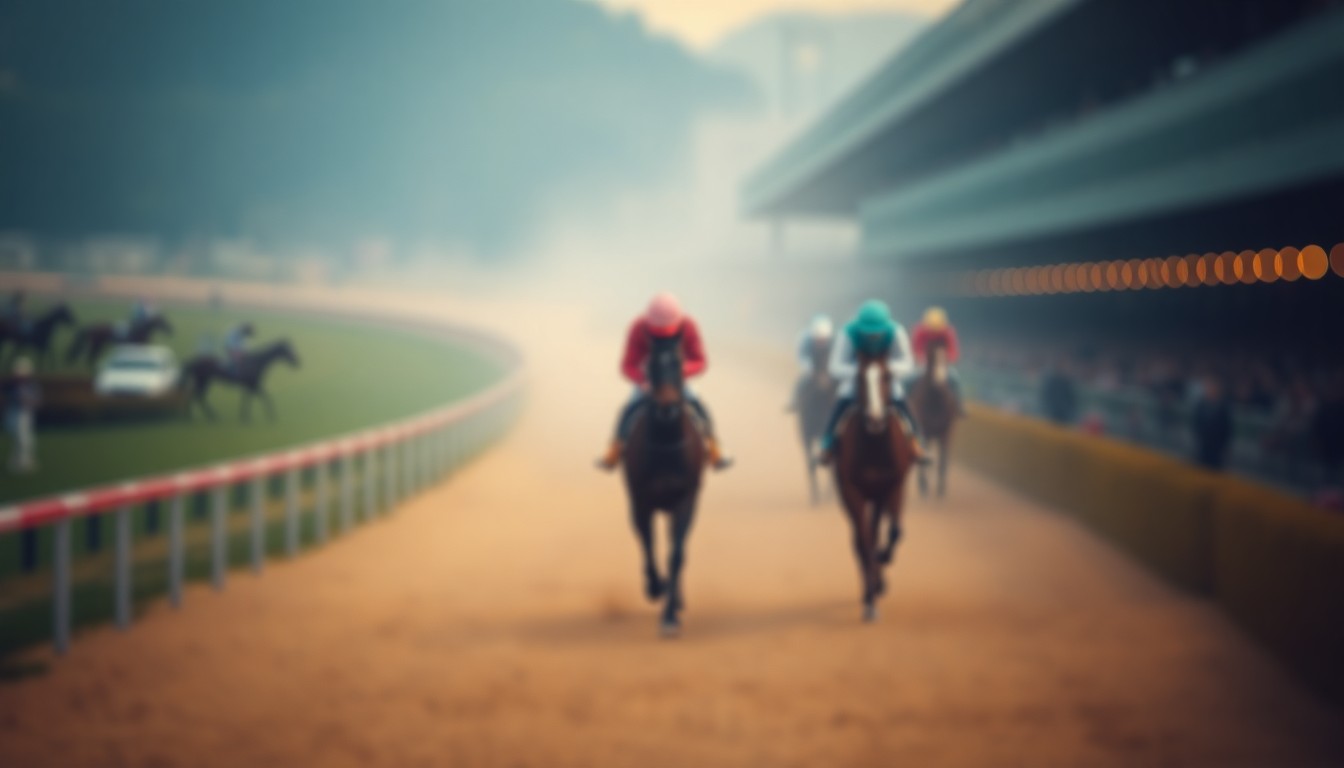 An abstract, impressionistic photograph of a blurred racetrack scene, with muted colors and a dreamlike quality, conveying the complex emotions and moral tensions surrounding the Queen's connection to the sport of horse racing.
