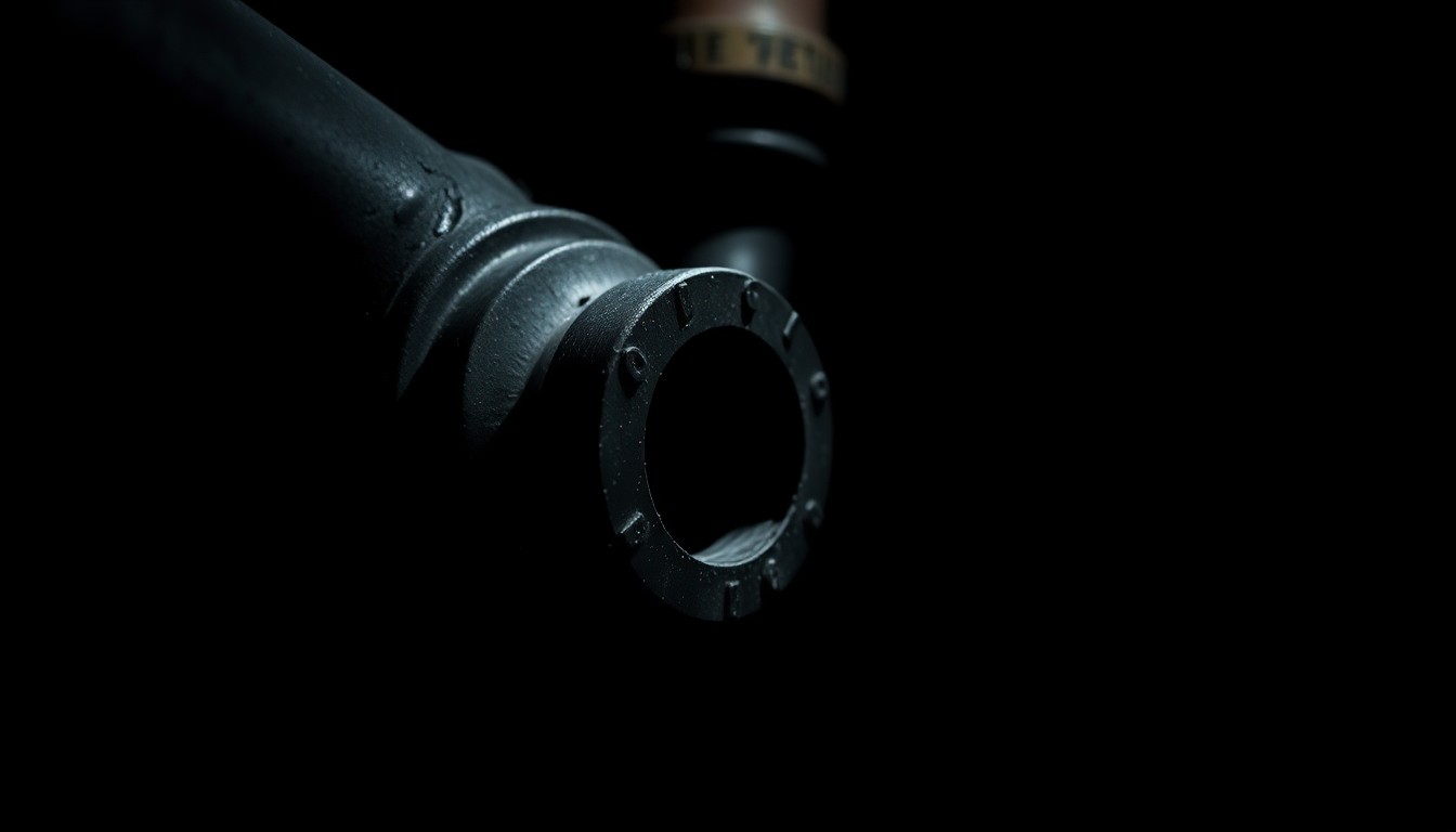 An extreme close-up photograph of a damaged gas valve or pipe fitting, lit by a harsh, direct camera flash against a pitch-black background, conceptually illustrating the investigation into the cause of the nursing home explosion.