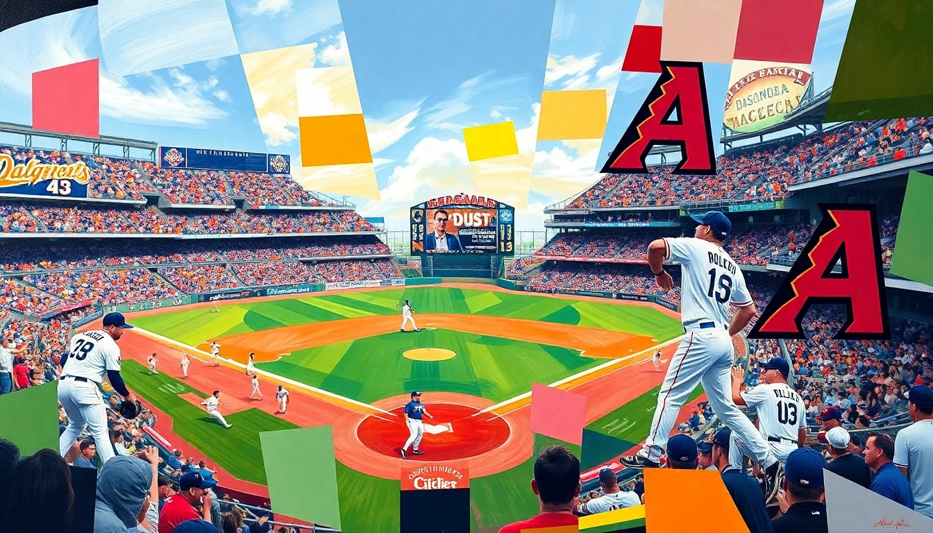 A cubist, geometric painting depicting a baseball game between the Los Angeles Dodgers and Arizona Diamondbacks, with the players and field broken down into sharp, overlapping planes of vibrant colors, capturing the dynamic energy of the matchup.