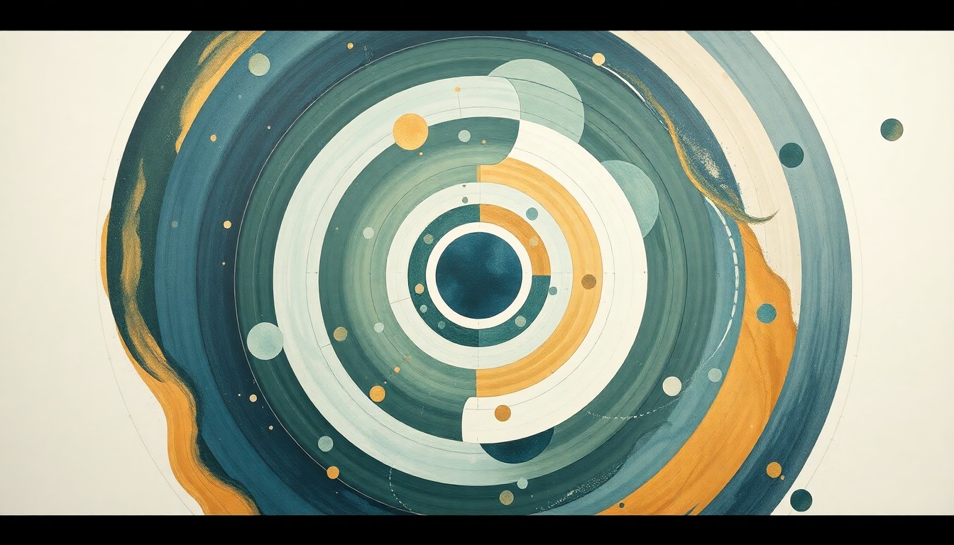 An abstract, highly structured painting in soft shades of blue, green, and gold, featuring sweeping geometric arcs, concentric circles, and precise spirals, conveying the complex forces and concepts of space exploration without any text or diagrams.
