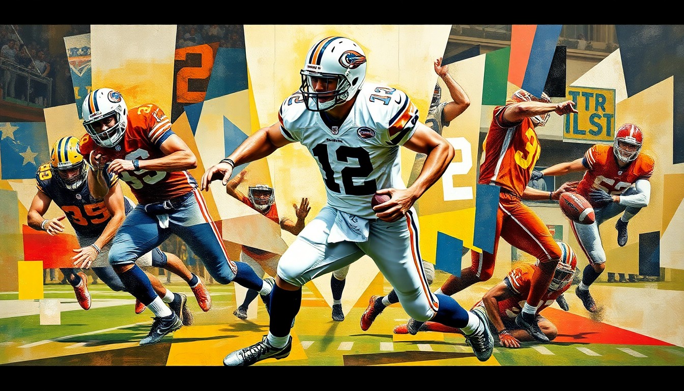 A cubist, geometric painting depicting a football player in the midst of a pass rush, with their body broken down into sharp, overlapping planes of color and form.