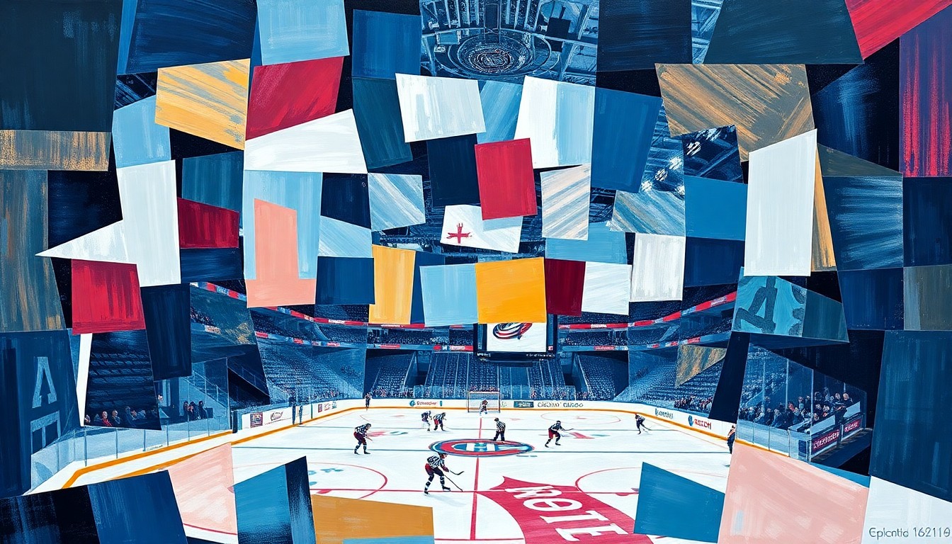 A fragmented, geometric painting depicting a hockey game, with sharp, overlapping planes representing the dynamic action on the ice and the impact of Dobson's injury on the Canadiens' performance.