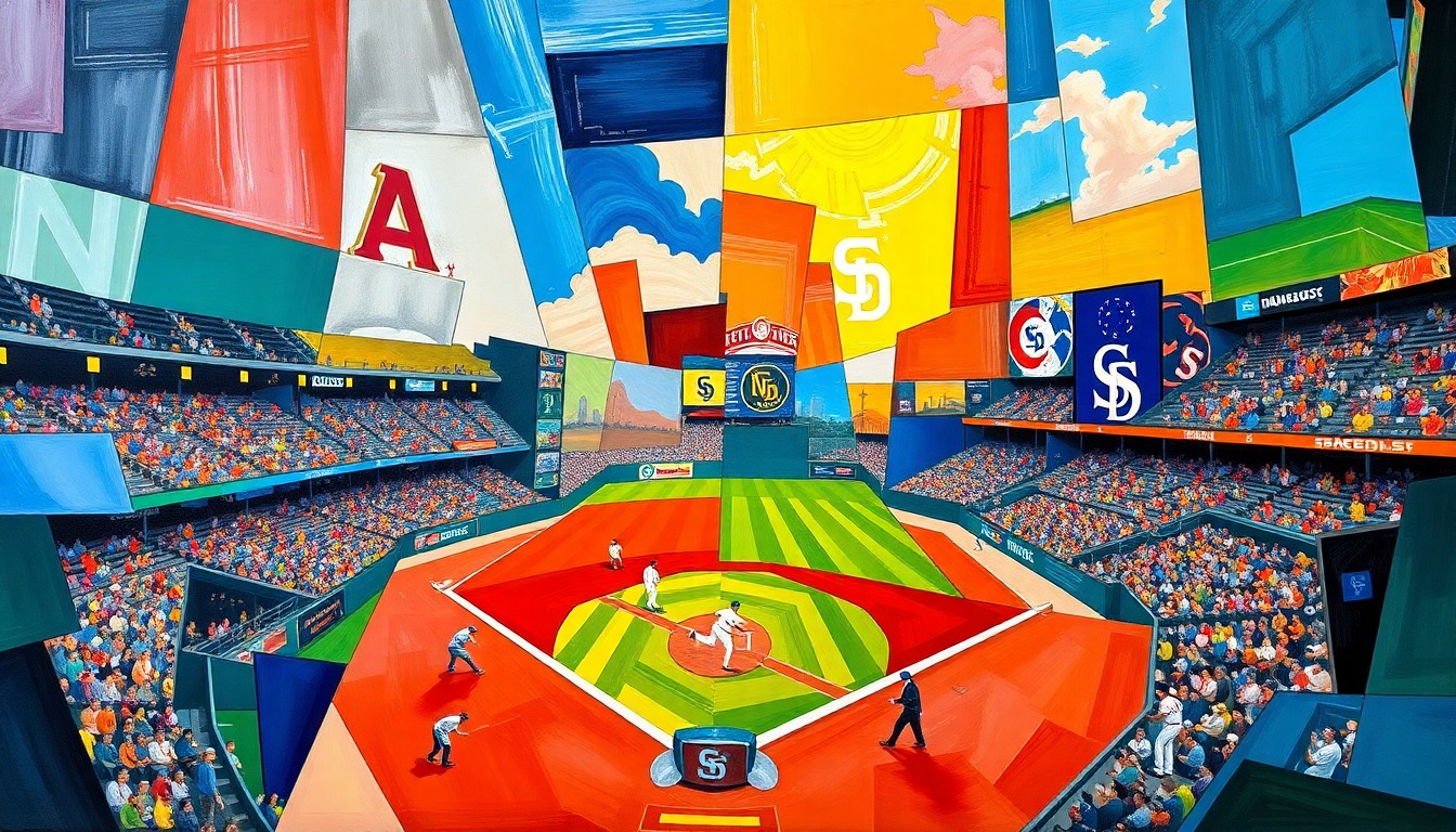 A cubist, geometric painting depicting a baseball game or match, with sharp, overlapping planes of color representing the dynamic action on the field and the competitive spirit of the NL West division.