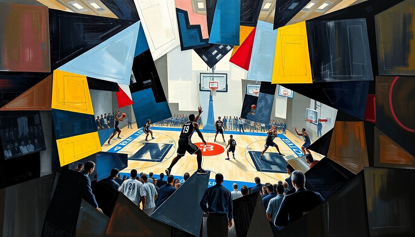 A cubist, geometric painting depicting the basketball game between UNC and Georgia Tech, with the players' movements and the energy of the game represented through an abstract, fractured composition.