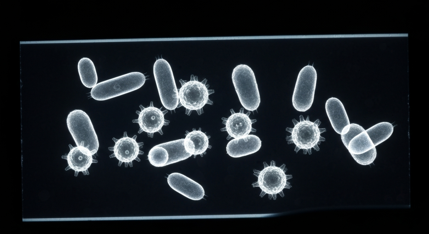 An extreme close-up X-ray photograph revealing the ghostly, glowing structures of infectious disease microbes on a microscope slide, conceptually illustrating the critical role of the CDC's laboratory testing capabilities.