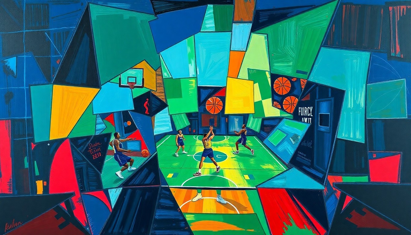 A cubist-inspired painting featuring sharp, overlapping geometric shapes in shades of blue, green, and red, conceptually representing the fragmented but energetic anticipation for the Sonics' potential return to Seattle.