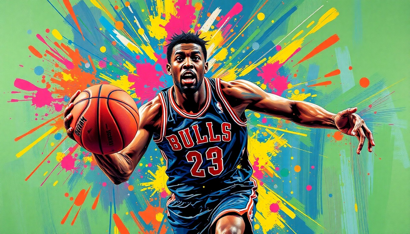 An expressionist painting in vibrant neon colors depicting the dynamic movement and energy of Donovan Mitchell driving to the hoop, his face and jersey dissolving into abstract splatters of paint.