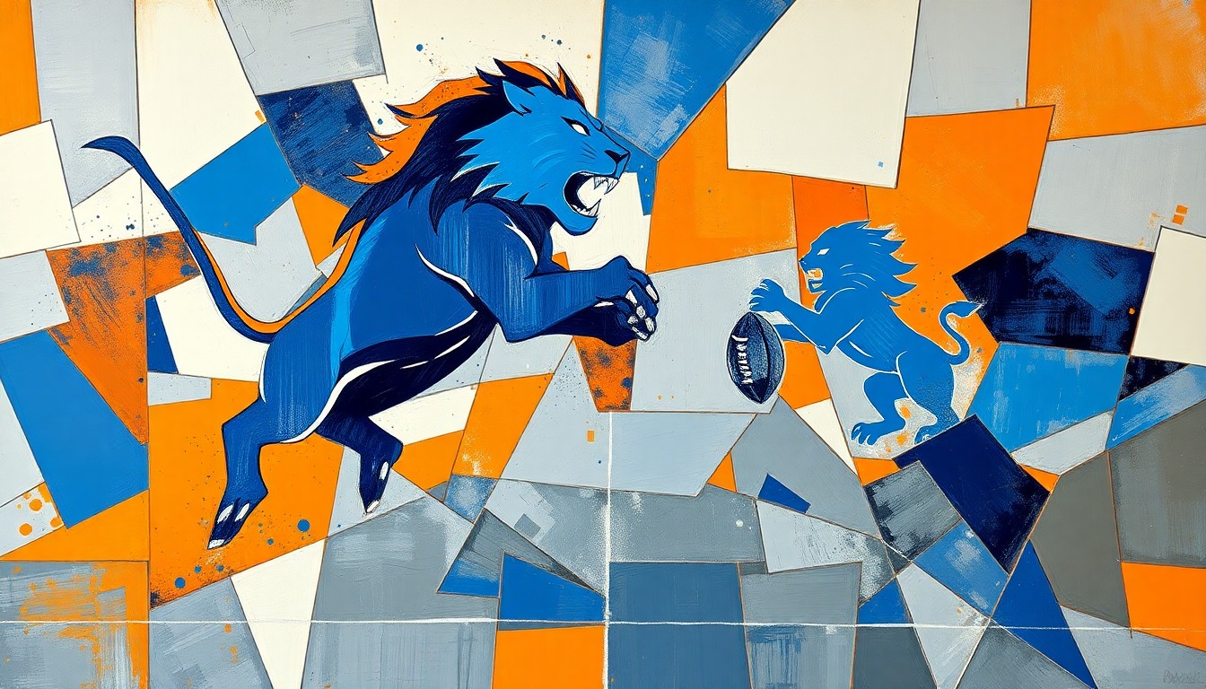 A cubist, geometric painting depicting a fragmented, multi-angled view of a football game, with sharp planes of deep blue, burnt orange, and steel gray hues, conceptually representing the Lions' measured offseason approach.