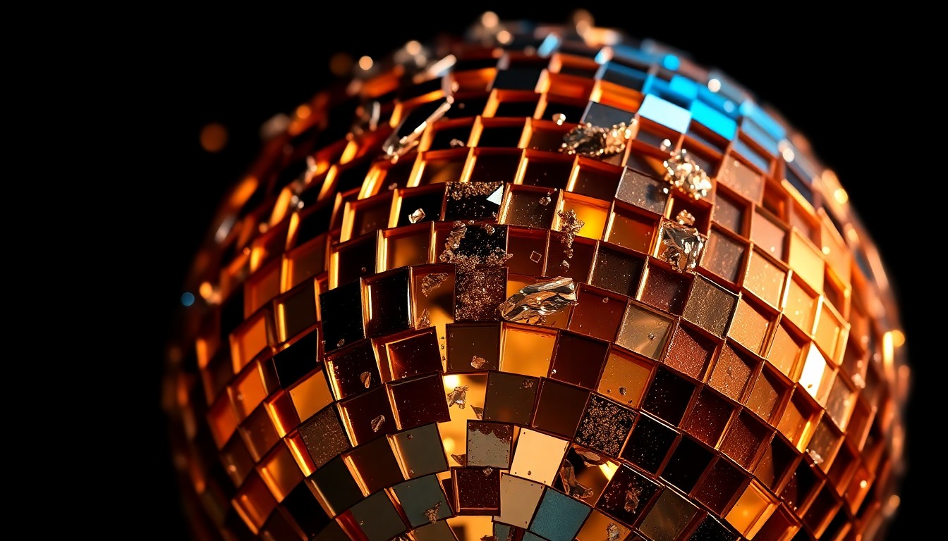 An extreme close-up photograph of a shattered disco ball, reflecting shards of light and glittering textures in a dramatic high-contrast studio lighting setup, conceptually representing the captivating visual style of Pink Floyd's new music video.