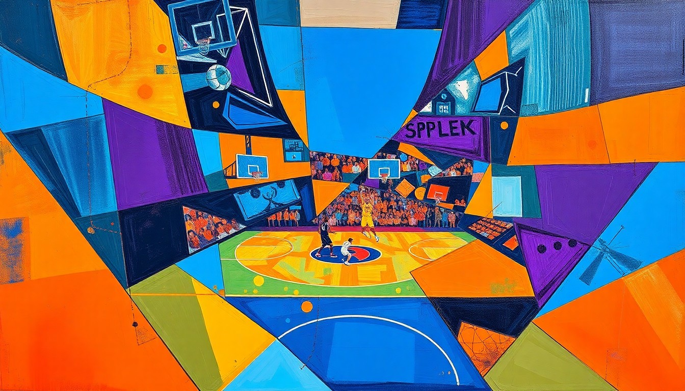 A fragmented, geometric painting depicting a basketball game or match, with sharp planes of color and overlapping perspectives, conveying the dynamic and competitive nature of the transfer portal process.