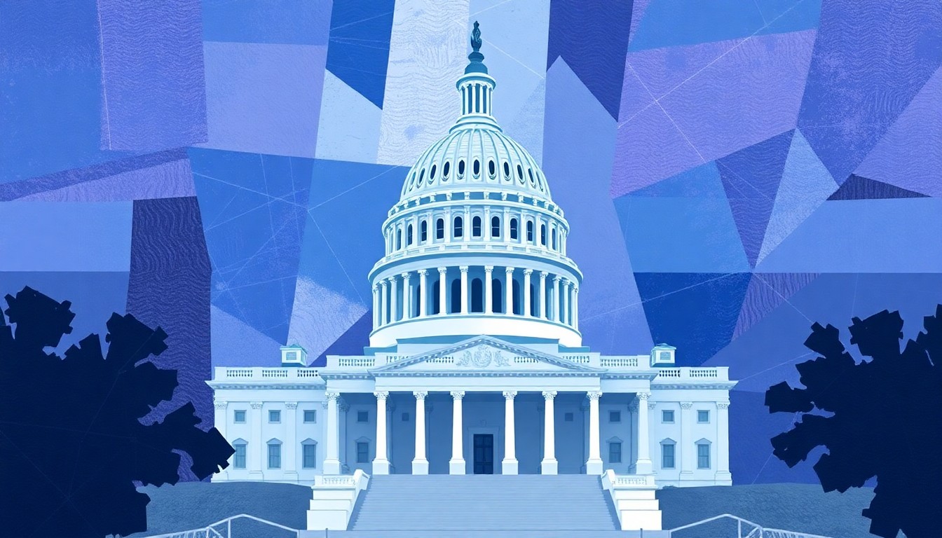 A dynamic, fractured painting in shades of blue, grey, and purple depicting the U.S. Capitol building, conveying the political complexity and uncertainty surrounding the Crypto Clarity Act.