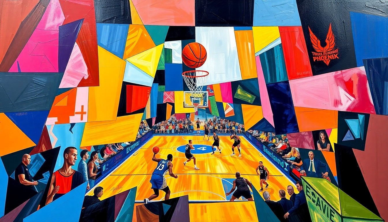 A fragmented, geometric painting depicting the dynamic movements and energy of a basketball game, with the colors of the competing teams blending together in an abstract composition.