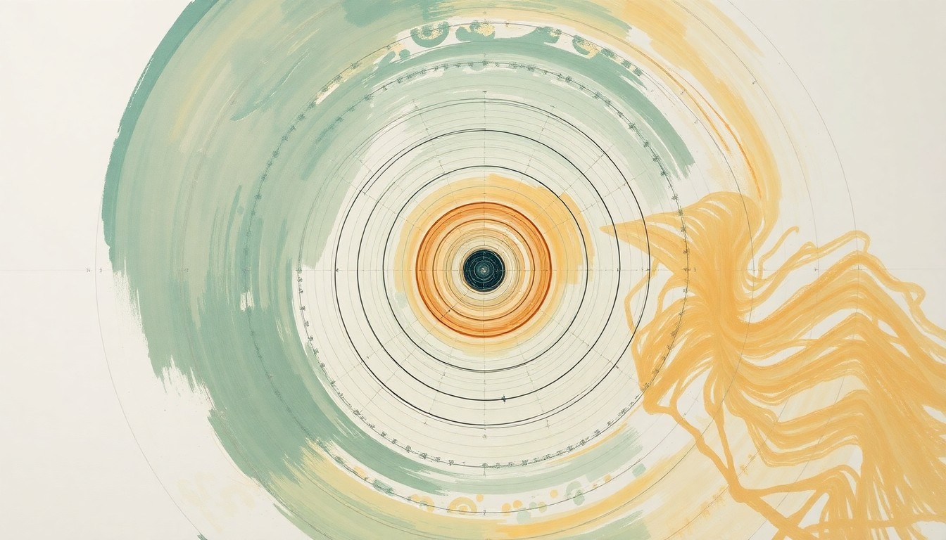 A bold, abstract painting in soft earth tones depicting the complex orbital mechanics and interconnected structure of the Starlink satellite constellation, conveying the technological innovation and global reach of this space-based internet system.