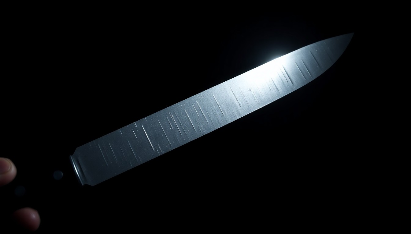 An extreme close-up of a machete blade against a pitch-black background, lit by a harsh, direct camera flash, creating a stark, gritty, investigative aesthetic that conceptually represents the violence and chaos of the subway attack.