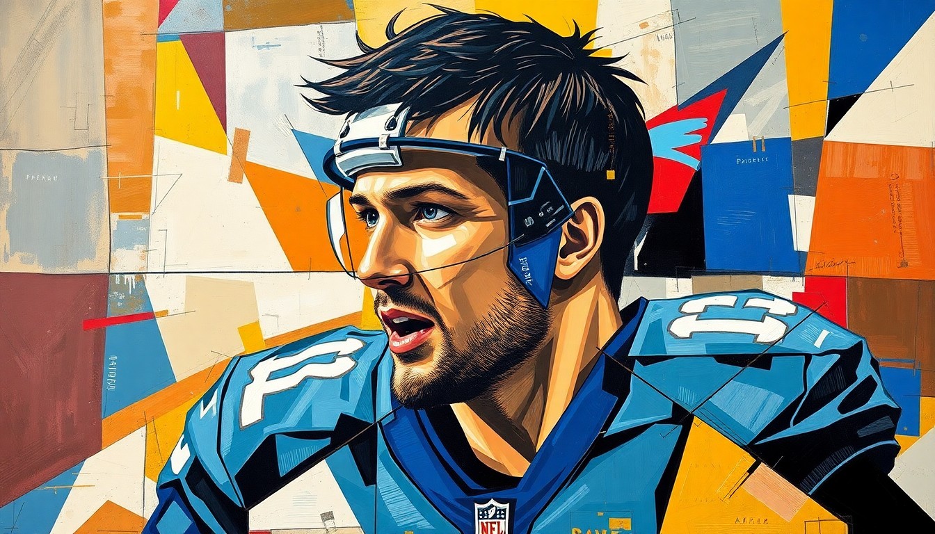 A cubist-style painting depicting Paxton Lynch's football career in fragmented, geometric shapes and planes, representing the complexities and challenges he has faced throughout his journey.