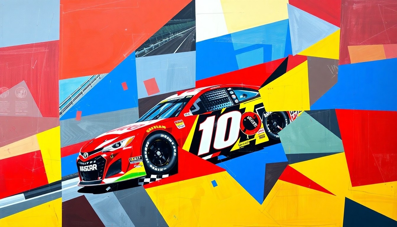 A cubist-style painting featuring fragmented geometric shapes in red, blue, and yellow, representing the dynamic motion and energy of a NASCAR race scene.