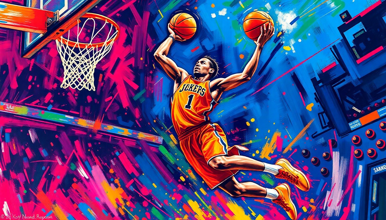 An abstract, expressionist painting in vibrant neon colors depicting the dynamic movements of a basketball player driving to the hoop, with the player's form dissolving into energetic brushstrokes.