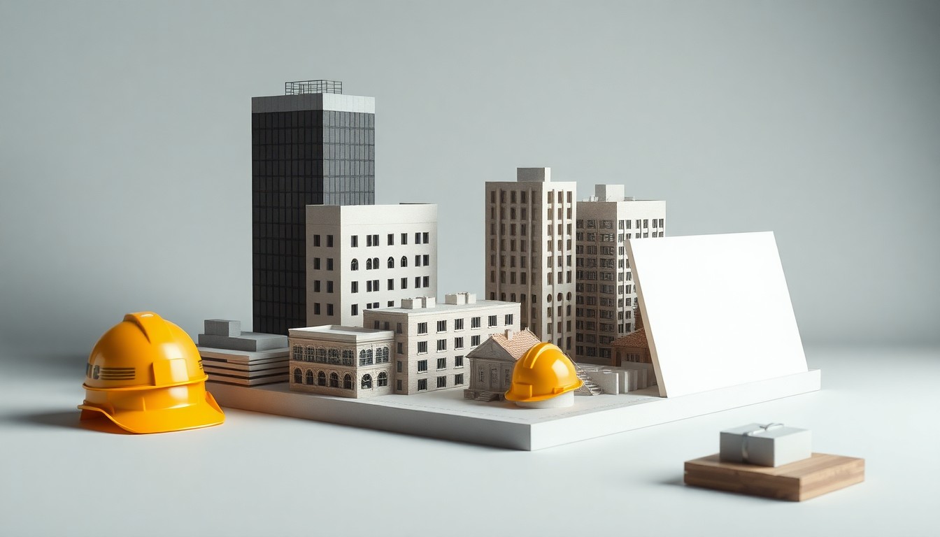 A photorealistic studio still life featuring a collection of premium, polished construction materials and architectural models arranged elegantly on a clean, monochromatic background, conceptually representing the construction industry's reckoning with corporate liability and historic building defects.