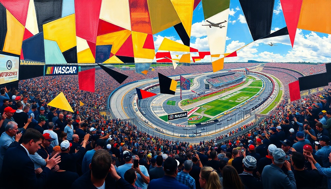 A fractured, multi-perspective painting in a cubist style, breaking down a NASCAR race at Bristol Motor Speedway into sharp, overlapping geometric planes of color and abstract shapes, capturing the intensity and chaos of the event.