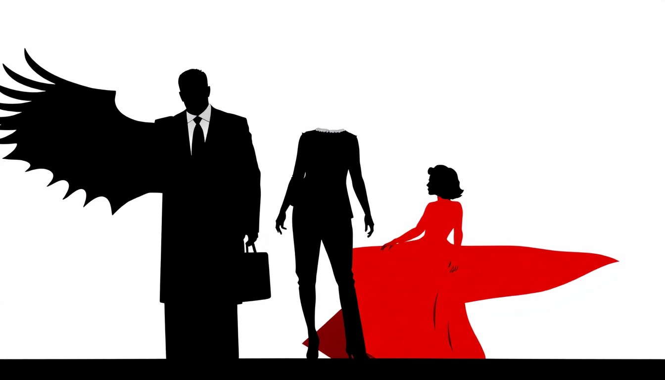 A bold, abstract illustration featuring stark black silhouettes of characters in dramatic poses, set against a high-contrast background of vibrant red and white geometric shapes, conceptually representing the intense emotional turmoil and interpersonal conflicts driving the latest plot developments on the popular soap opera.