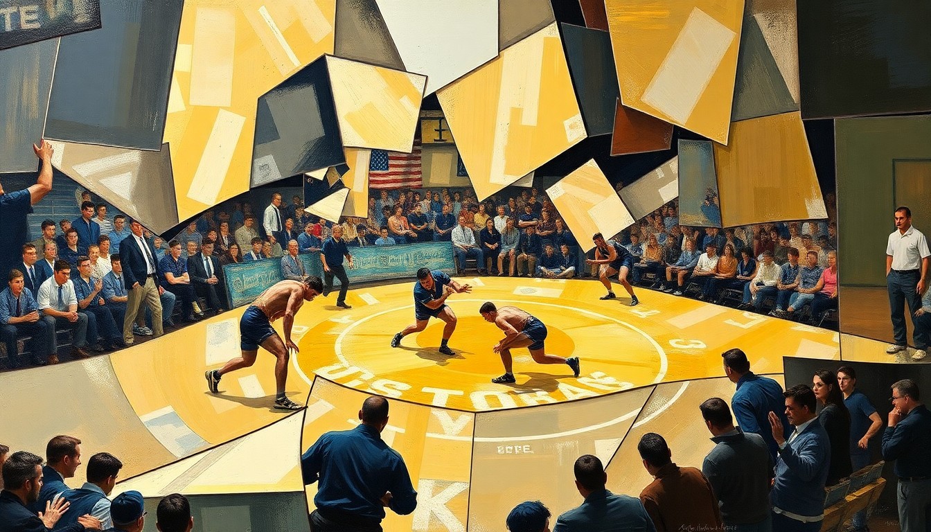 A fractured, multi-perspective painting in the style of Pablo Picasso, depicting the dynamic movements and intensity of a Penn State wrestling match through sharp, overlapping geometric planes.