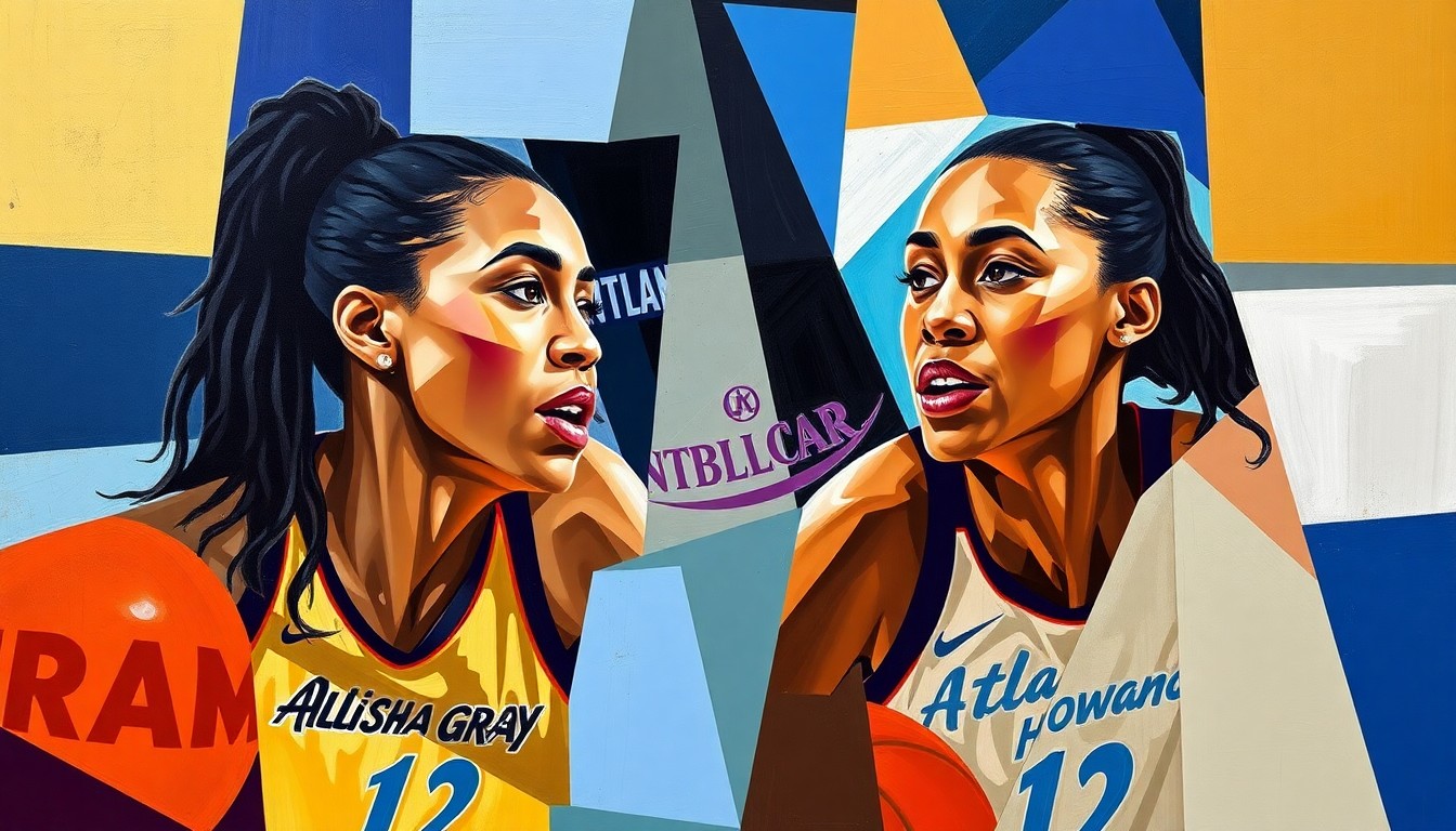 A cubist-style painting depicting a WNBA basketball game with the Atlanta Dream players in sharp, overlapping geometric shapes, conceptually representing the team's emphasis on chemistry and long-term stability.