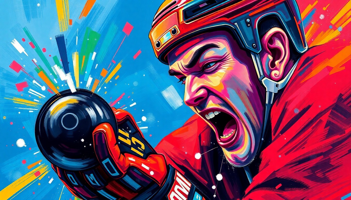 A dynamic, abstract painting in neon colors and expressive brushstrokes, depicting the intense moment of a hockey player being struck in the face by a puck, conceptually representing the injury sustained by the Avalanche coach.