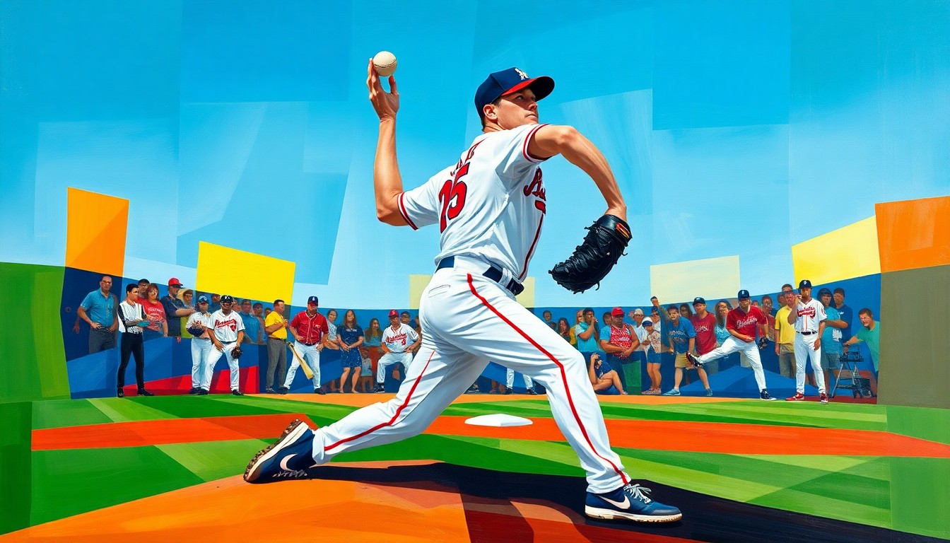 A cubist-style painting depicting a baseball pitcher's motion broken down into sharp, overlapping geometric shapes and planes in the colors of the Braves and Guardians uniforms.
