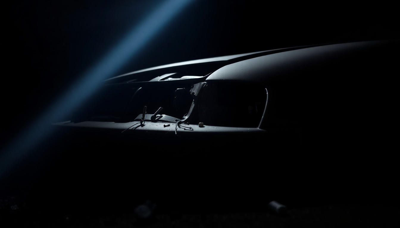 An extreme close-up photograph of a cracked and twisted car part, dramatically lit by a harsh flash against a black background, conveying the gritty details of a serious traffic collision.