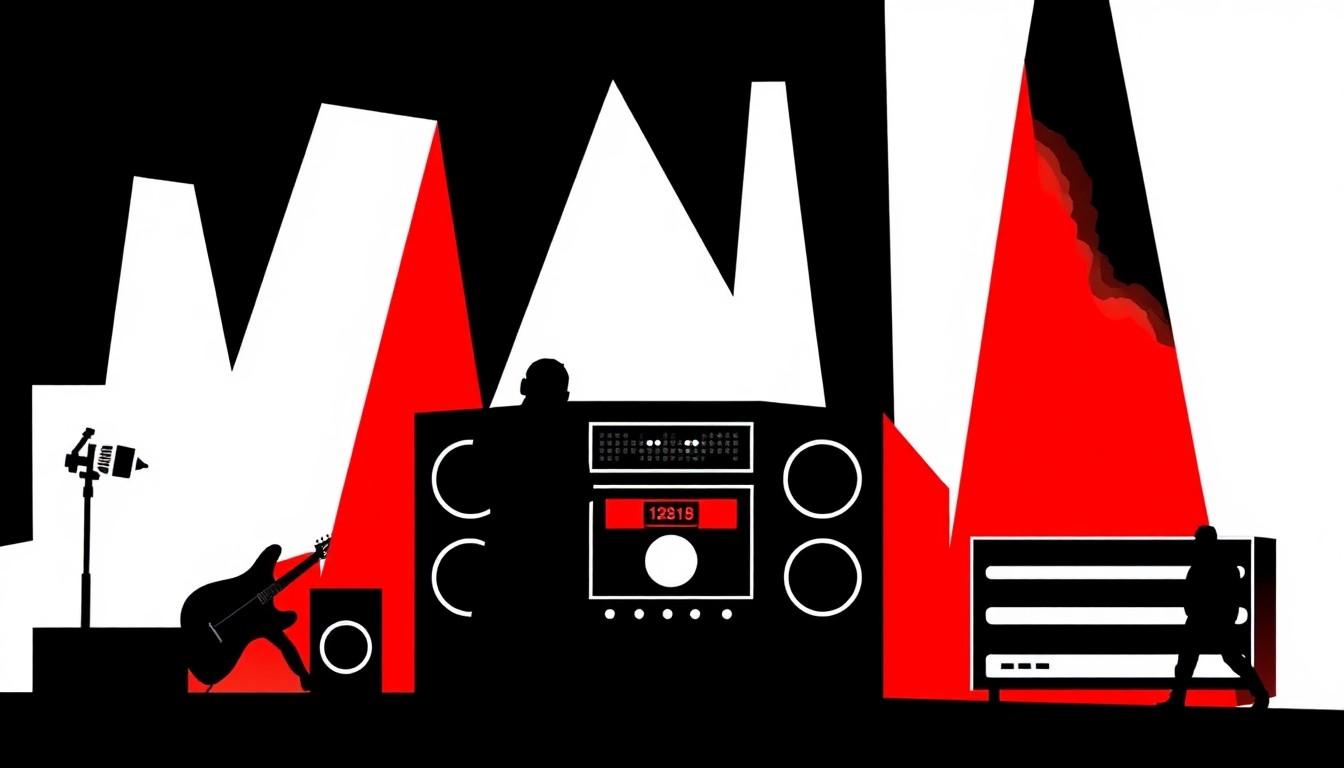 A striking abstract composition of jagged, geometric shapes in bold red and black, conceptually representing the launch of a new rock radio station in Las Cruces.