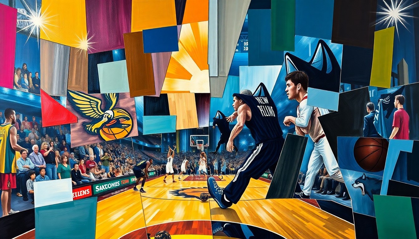 A cubist, geometric painting depicting a basketball game between the New Orleans Pelicans and Minnesota Timberwolves, with the players and court broken down into sharp, overlapping planes of color.