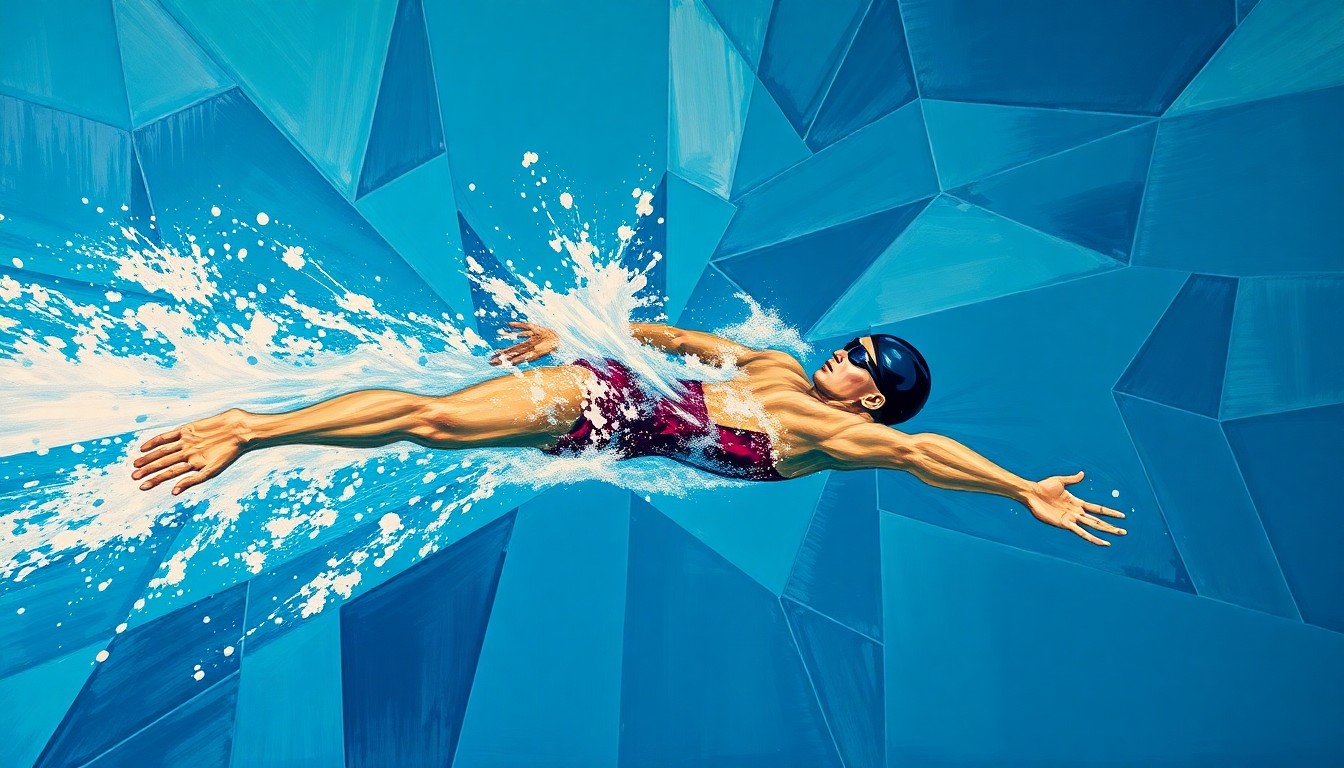 A cubist, geometric painting depicting a swimmer's butterfly stroke broken down into sharp, overlapping planes of deep blue, teal, and white, conveying the dynamic energy of competitive swimming.