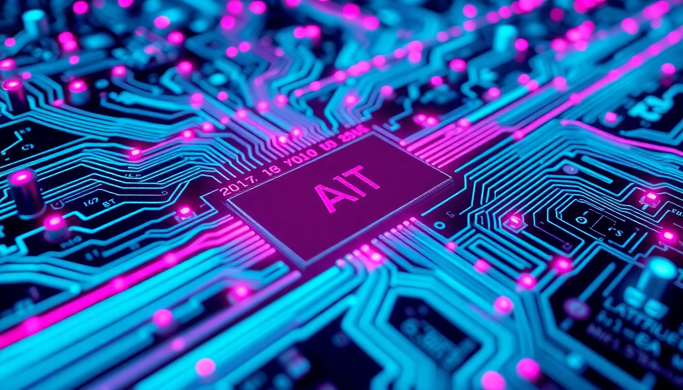 A highly detailed, glowing 3D macro illustration of a complex circuit board with neon cyan and magenta lights pulsing through its intricate pathways, conceptually representing the digital infrastructure powering AI-driven productivity gains.