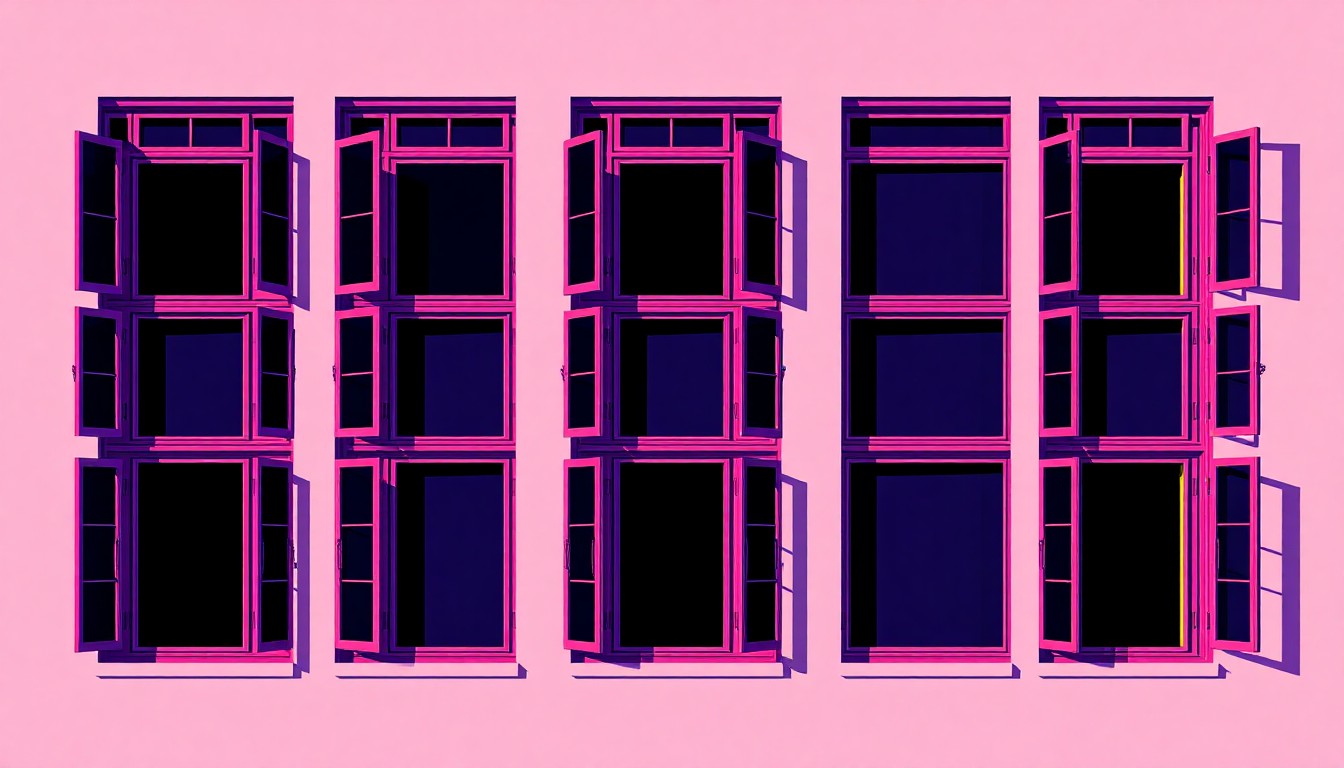 A brightly colored, high-contrast silkscreen print featuring a single, iconic window frame repeated in a tight grid pattern, using flat, vibrant neon colors and heavy black outlines to transform an everyday building component into a modern pop art illustration.