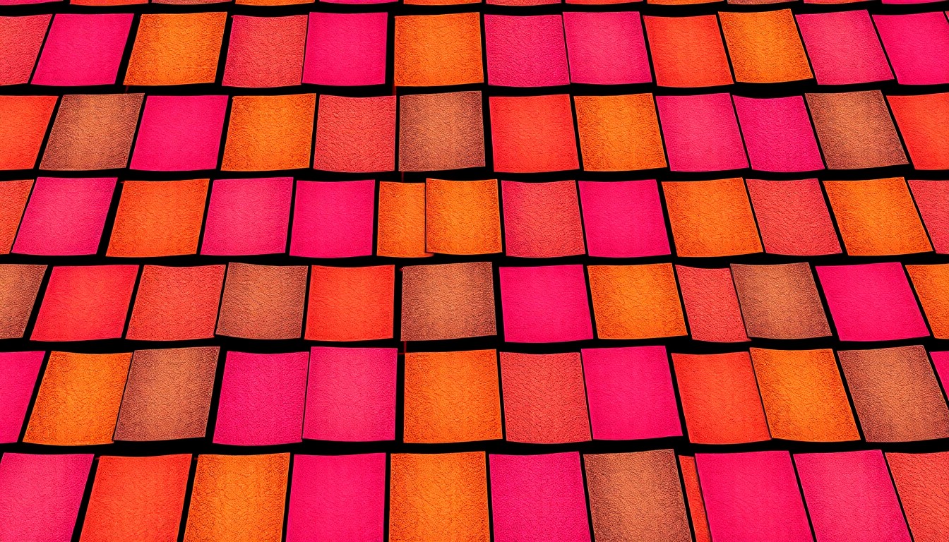 A brightly colored, high-contrast silkscreen print of a classic asphalt roof shingle repeated in a tight grid pattern, capturing the iconic imagery of a durable, long-lasting roofing material.