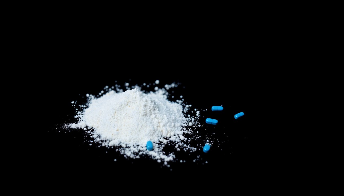 An extreme close-up photograph of a small pile of white powder and a few scattered blue pills against a pitch-black background, creating a stark, gritty, investigative aesthetic through the use of harsh, direct lighting.