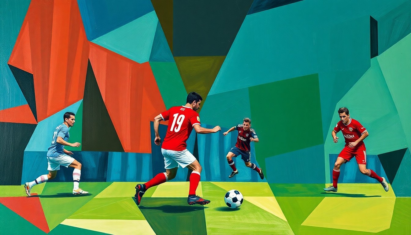 A cubist, geometric painting depicting an abstracted soccer match, with the players' forms broken down into sharp, overlapping shapes in a palette of deep blues, greens, and reds.