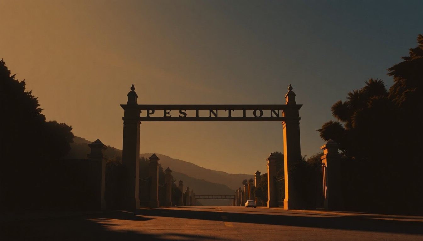 A serene, painterly depiction of the Presidio's iconic stone gates in warm, golden light, conveying a sense of nostalgia and uncertainty about the landmark's future.