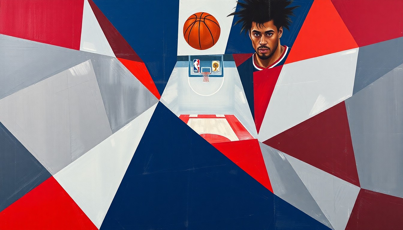 A cubist-style painting depicting a college basketball game broken down into sharp, overlapping geometric shapes in shades of scarlet, gray, and navy blue, conveying the energy and intensity of the Buckeyes' tournament run.