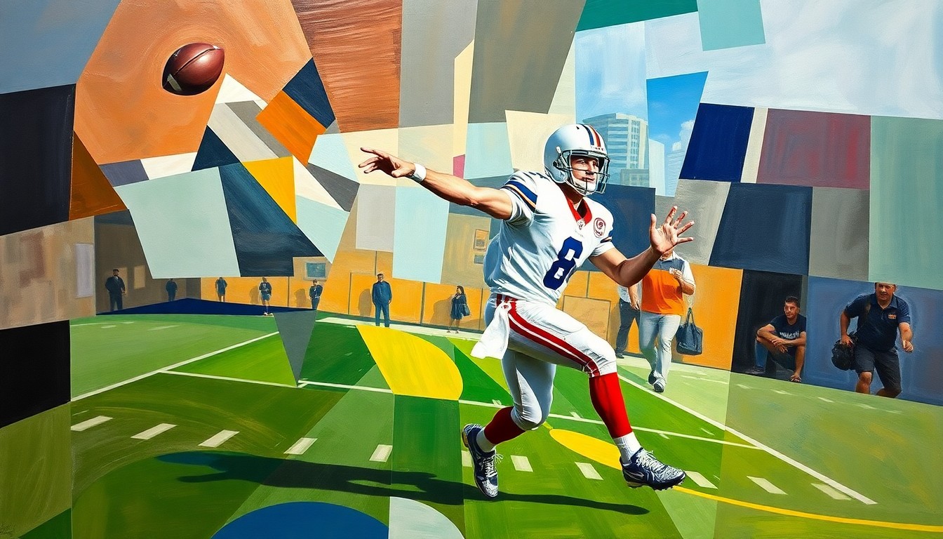 A fragmented, geometric painting depicting the motion of a college football quarterback's throwing action, with sharp, overlapping planes of color and form conveying the dynamic nature of the position.