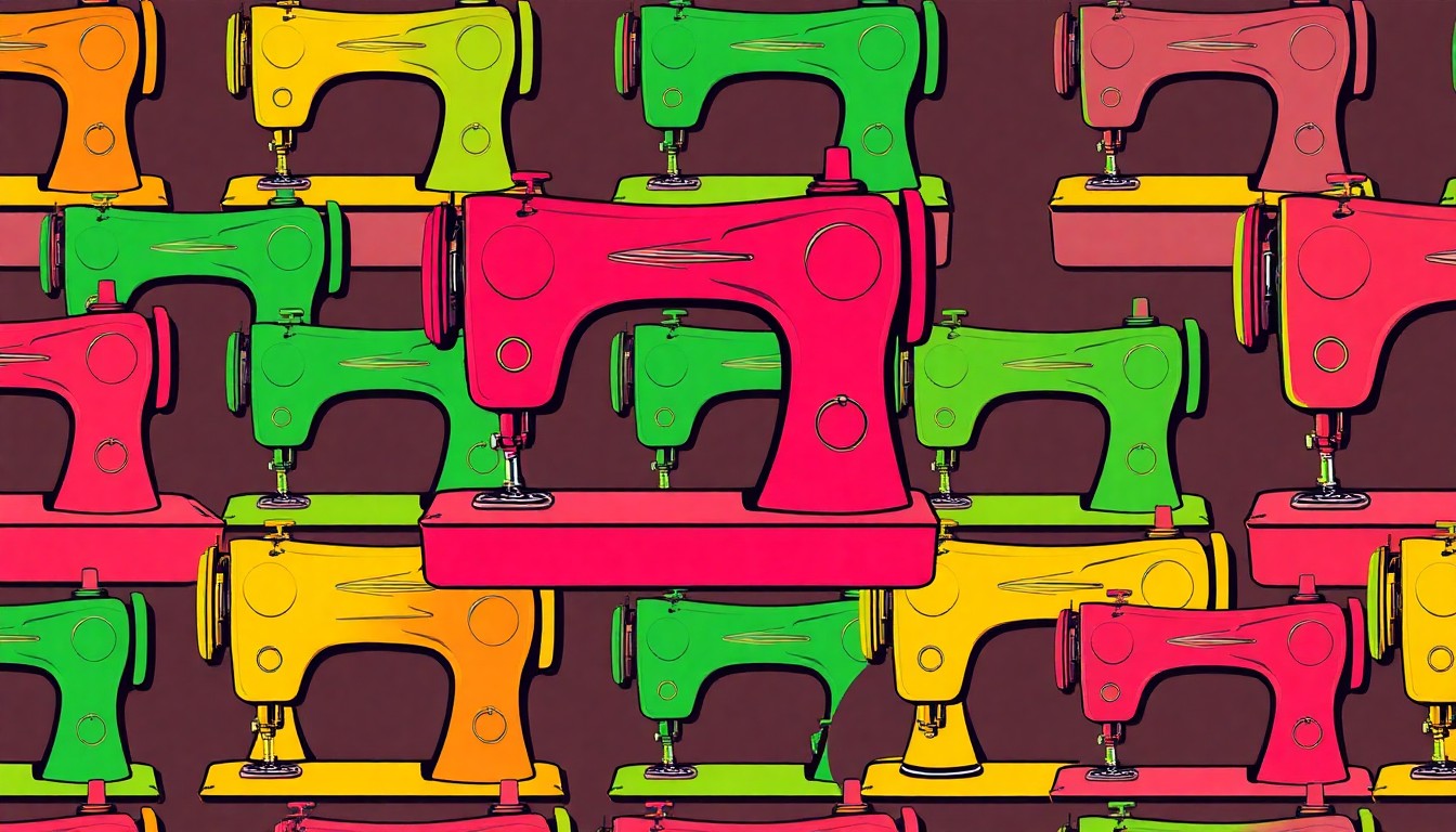 A brightly colored, high-contrast silkscreen print of a vintage sewing machine repeated in a tight grid pattern, utilizing flat, vibrant, neon color palettes overlapping with heavy black photographic outlines to turn an everyday craft object into modern pop art.