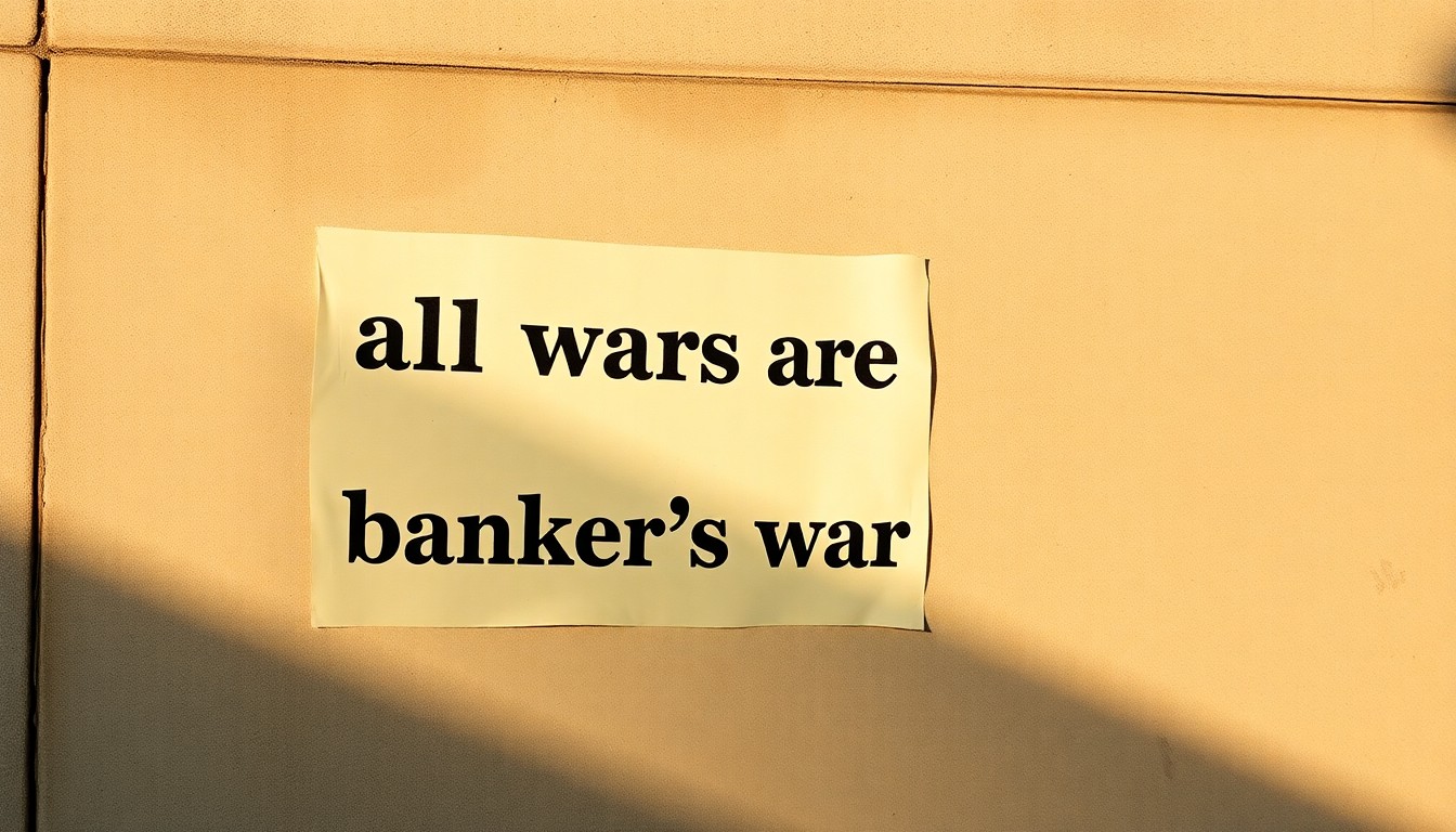 A close-up view of a weathered, wheat-pasted broadside on a concrete wall, the text barely legible but conveying a message about the role of bankers in wars.