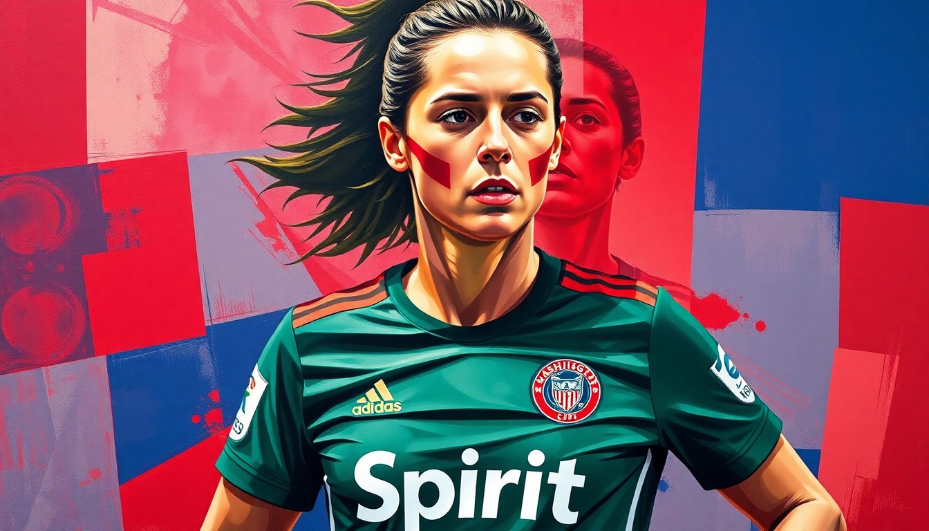 A cubist-style painting depicting a female soccer player in dynamic, overlapping geometric planes of red, blue, and white, representing the energy and talent of Trinity Rodman's record-breaking contract with the Washington Spirit.